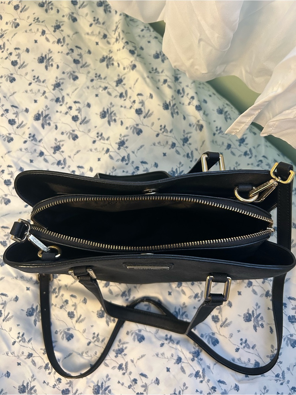 Calvin Klein Black Structured Saffiano Satchel with Crossbody Strap - Picture 2 of 2